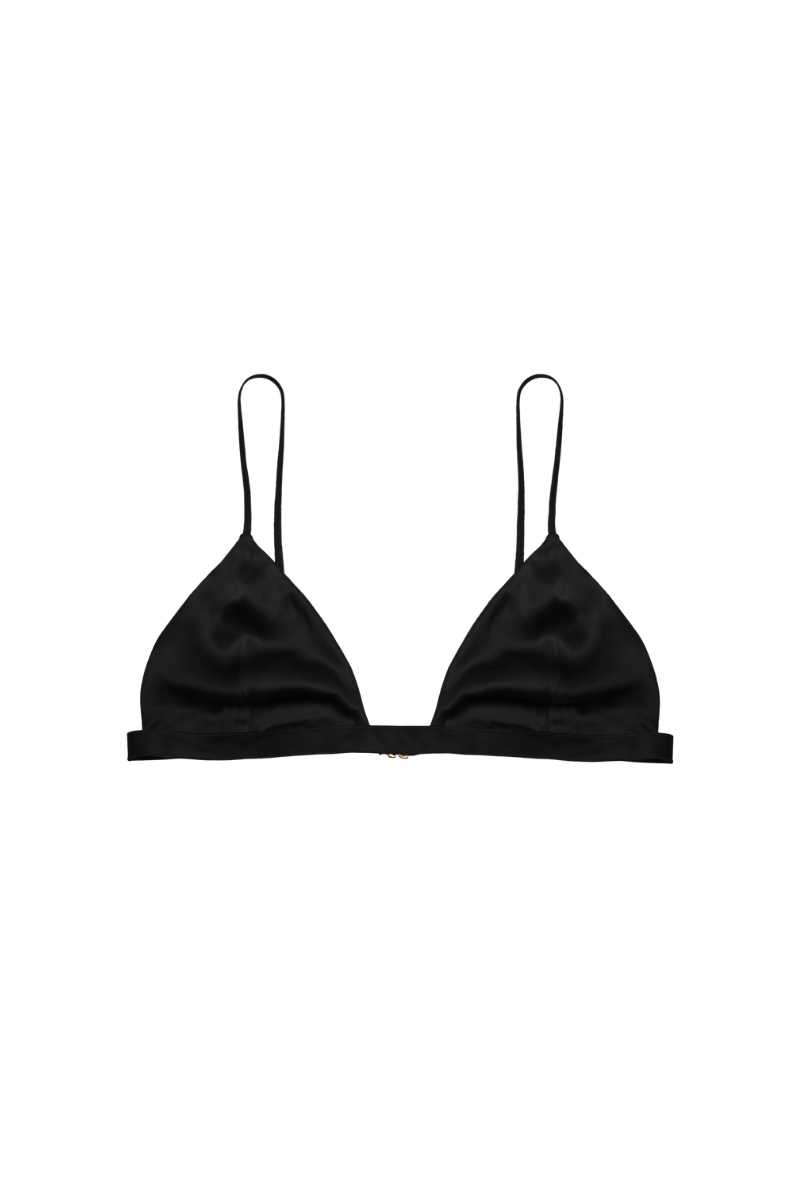 Organic silk triangle bra in black – front view of HERTH’s Ivy lingerie top.