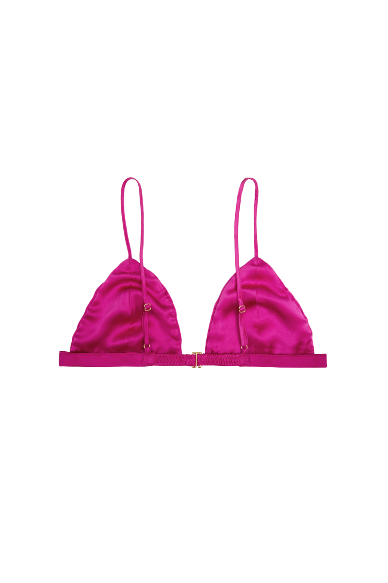 Back view of Ivy triangle bra in hot pink organic silk — HERTH’s signature soft lingerie with adjustable straps and sustainable construction.