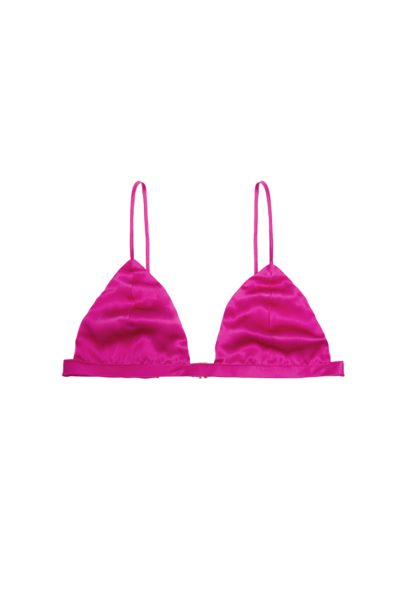 Ivy triangle bra in hot pink organic silk — soft-cup wireless lingerie by HERTH with a bold and feminine silhouette.