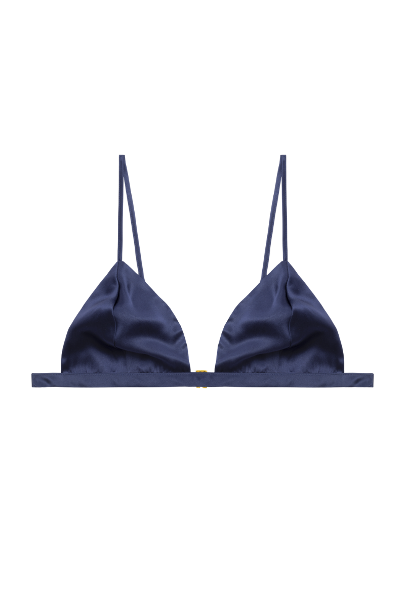 Ivy triangle bra in navy blue organic silk – soft cup, adjustable strap sustainable lingerie by HERTH