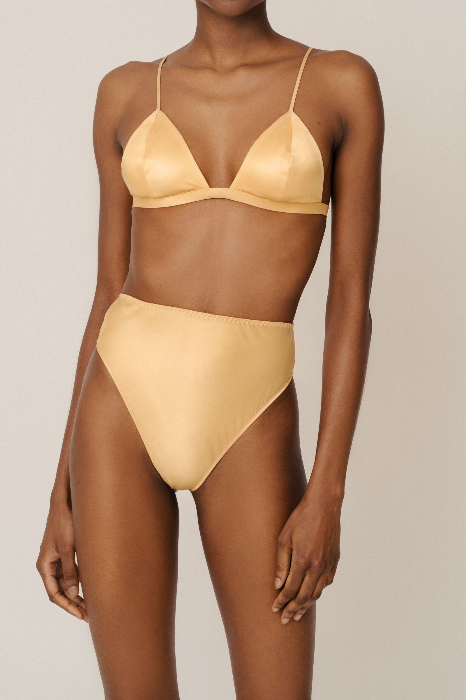 Desert tone organic silk triangle bra and high rise panty set, front view