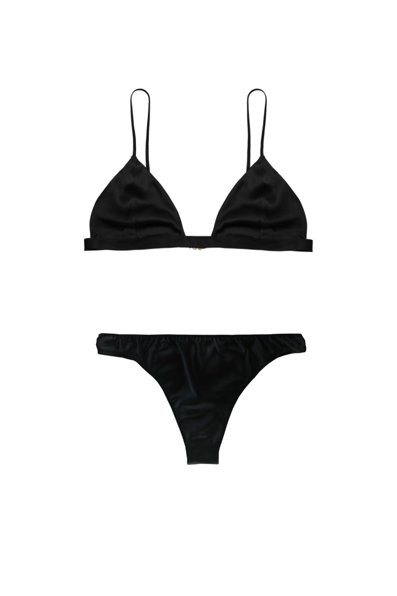 Ivy triangle bra and Zoe low-rise panty in black organic silk — elegant, sustainable lingerie set by HERTH