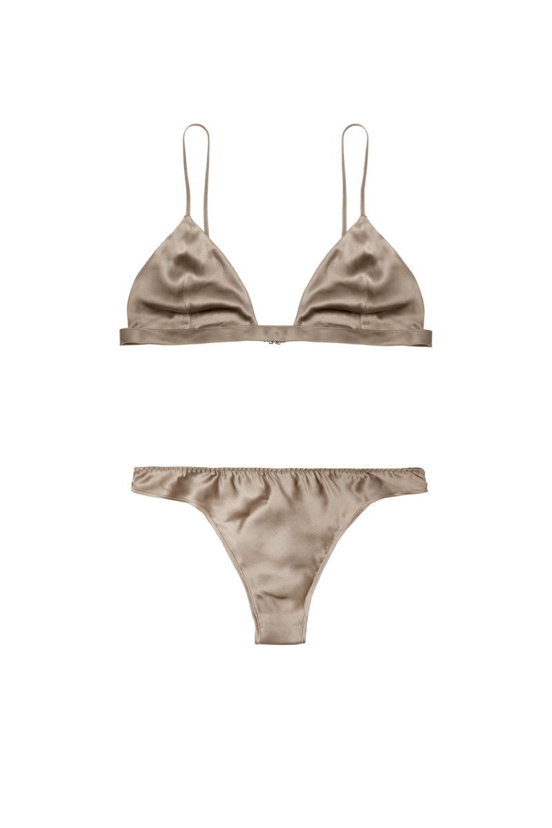 Ivy triangle bra and Zoe low-rise panty in gold sand — GOTS-certified organic silk lingerie set by HERTH with a timeless, minimal silhouette