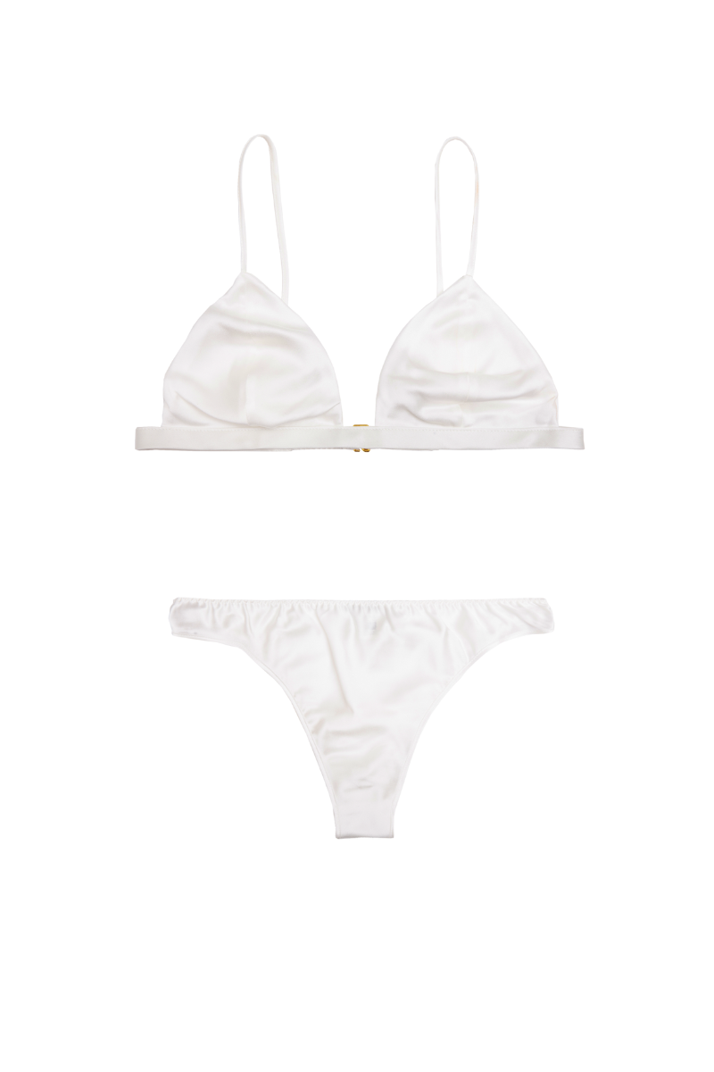 Ivy triangle bra and Zoe low-rise panty in ivory organic silk — minimal and sustainable lingerie set by HERTH