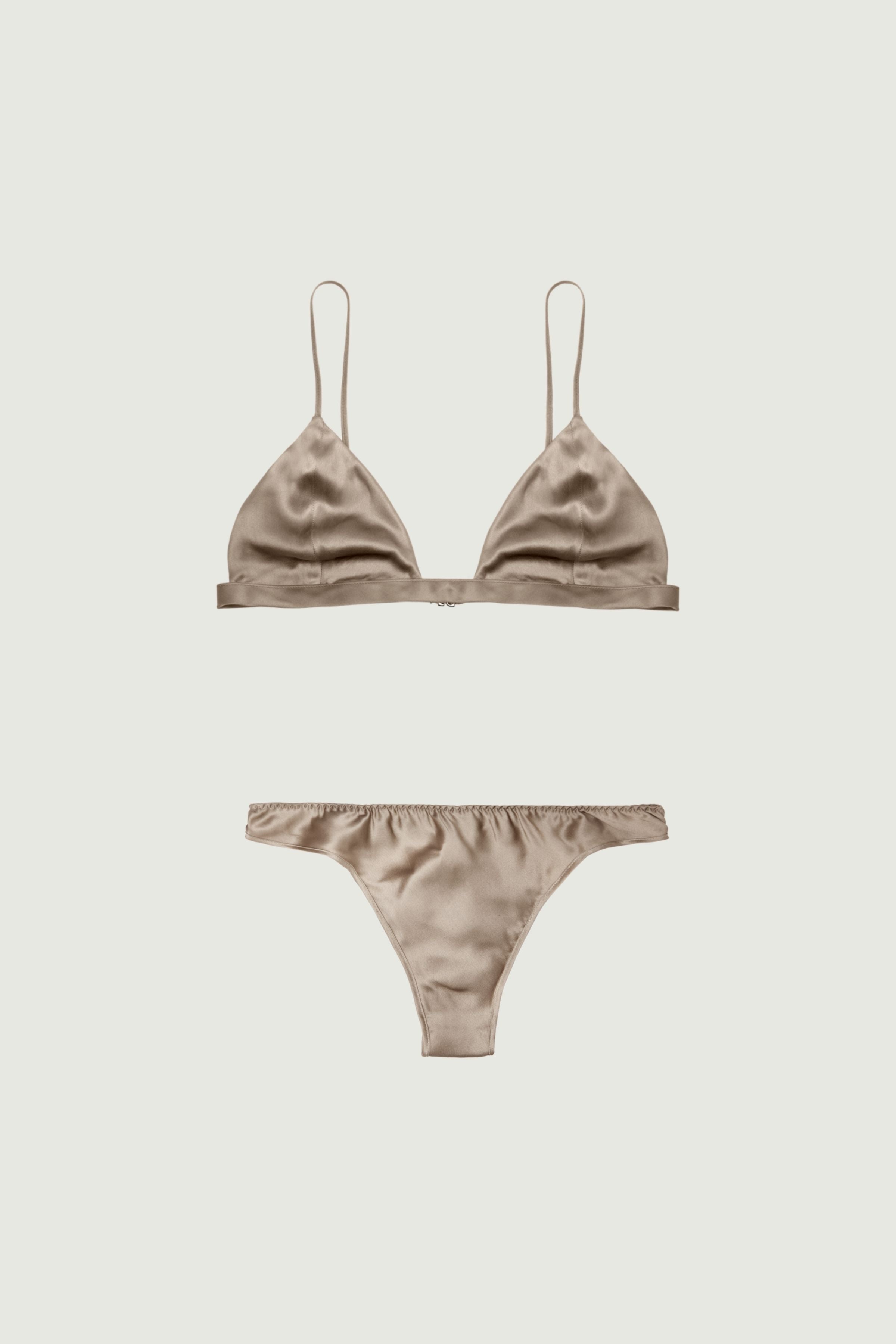 Gold sand silk lingerie set with triangle bra and low-rise panty, front view highlighting luminous finish and warm neutral tone