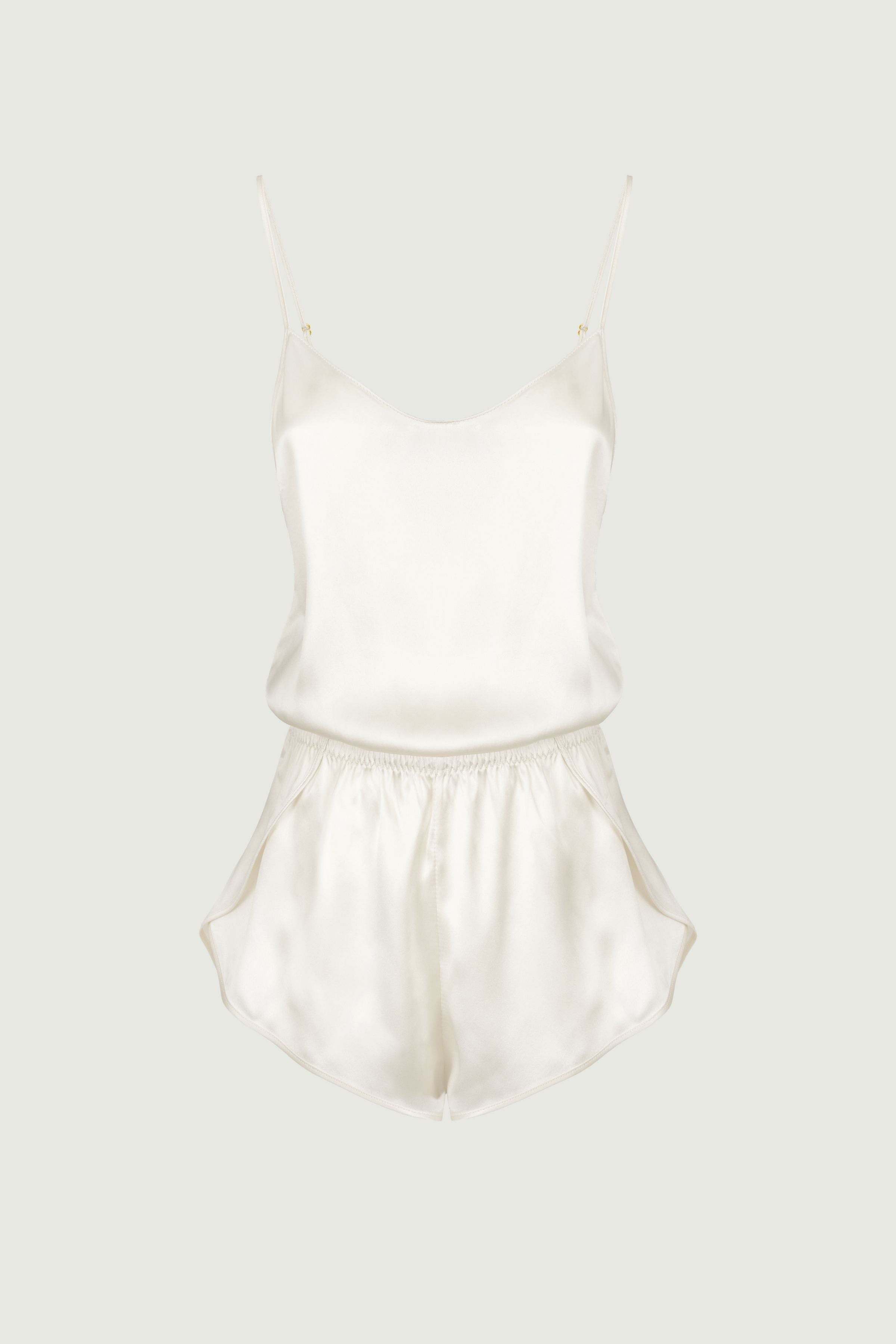 Janis short romper in almond organic silk with soft neckline and relaxed silhouette, lightweight womenswear made in Italy