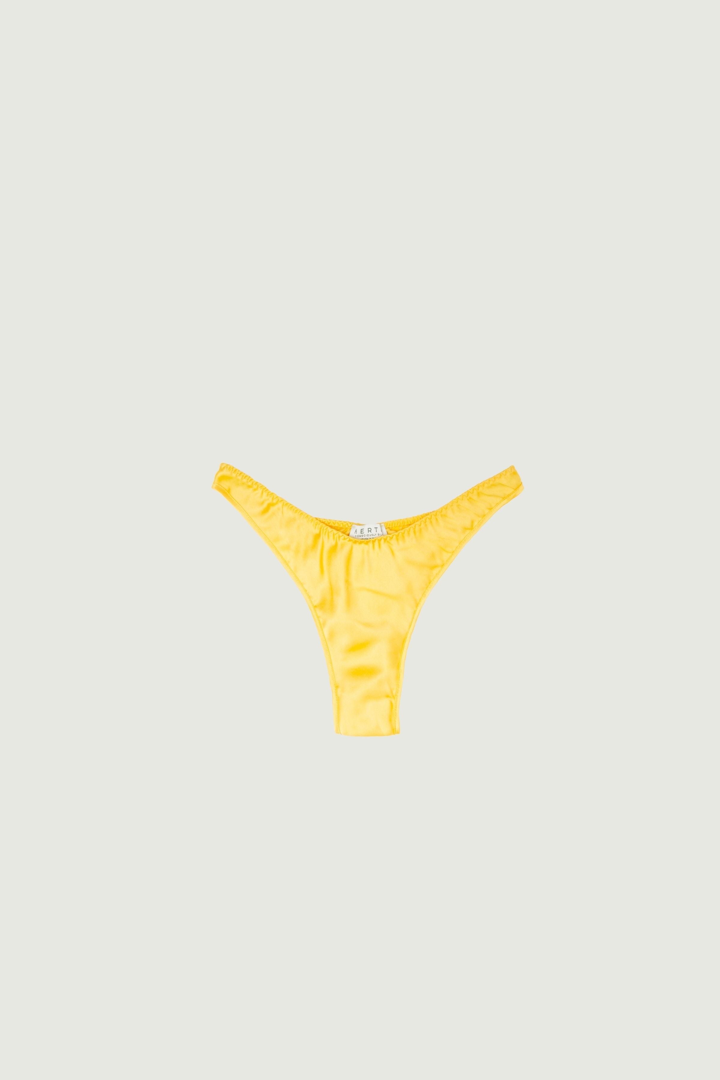 Mango silk high-cut panty with minimal coverage, front view highlighting high-cut leg and warm sunlit tone