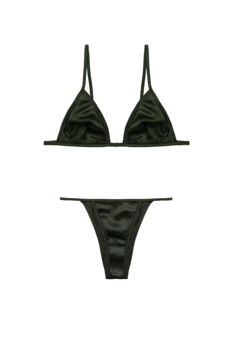 Keri minimal silk triangle bra and Elle adjustable panty in sustainable green silk lingerie set by HERTH.