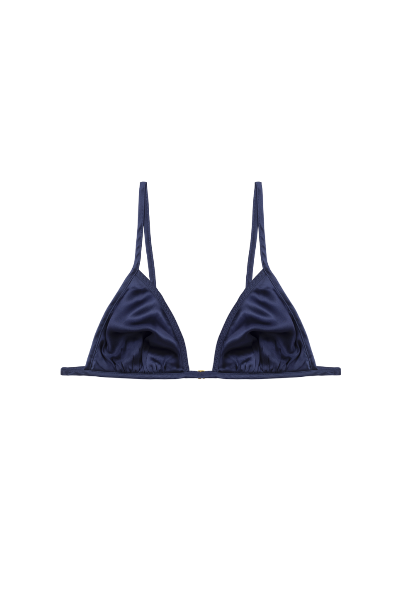 Keri triangle bra in navy blue organic silk — timeless and elegant lingerie top crafted sustainably by HERTH with GOTS-certified silk.
