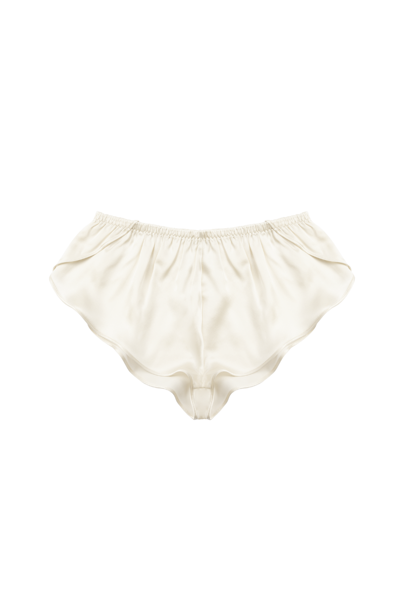 Front view of Khay culotte in Almond organic silk — sustainable and luxury lingerie piece made in Italy by HERTH.