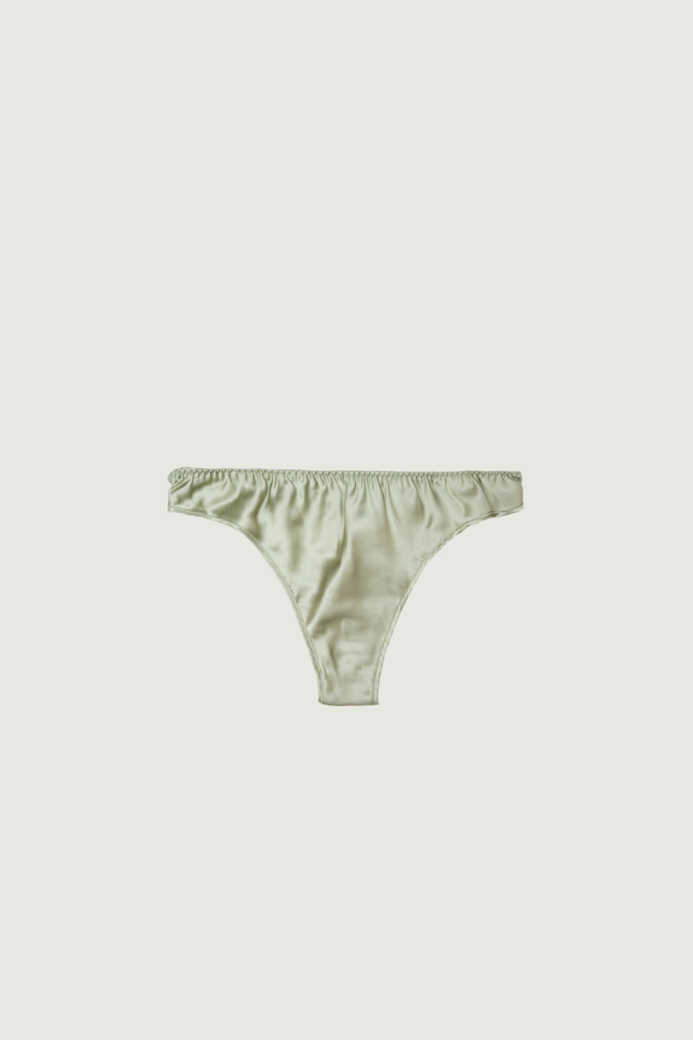 Tea green silk mid-rise panty, front view showing soft color and clean shape