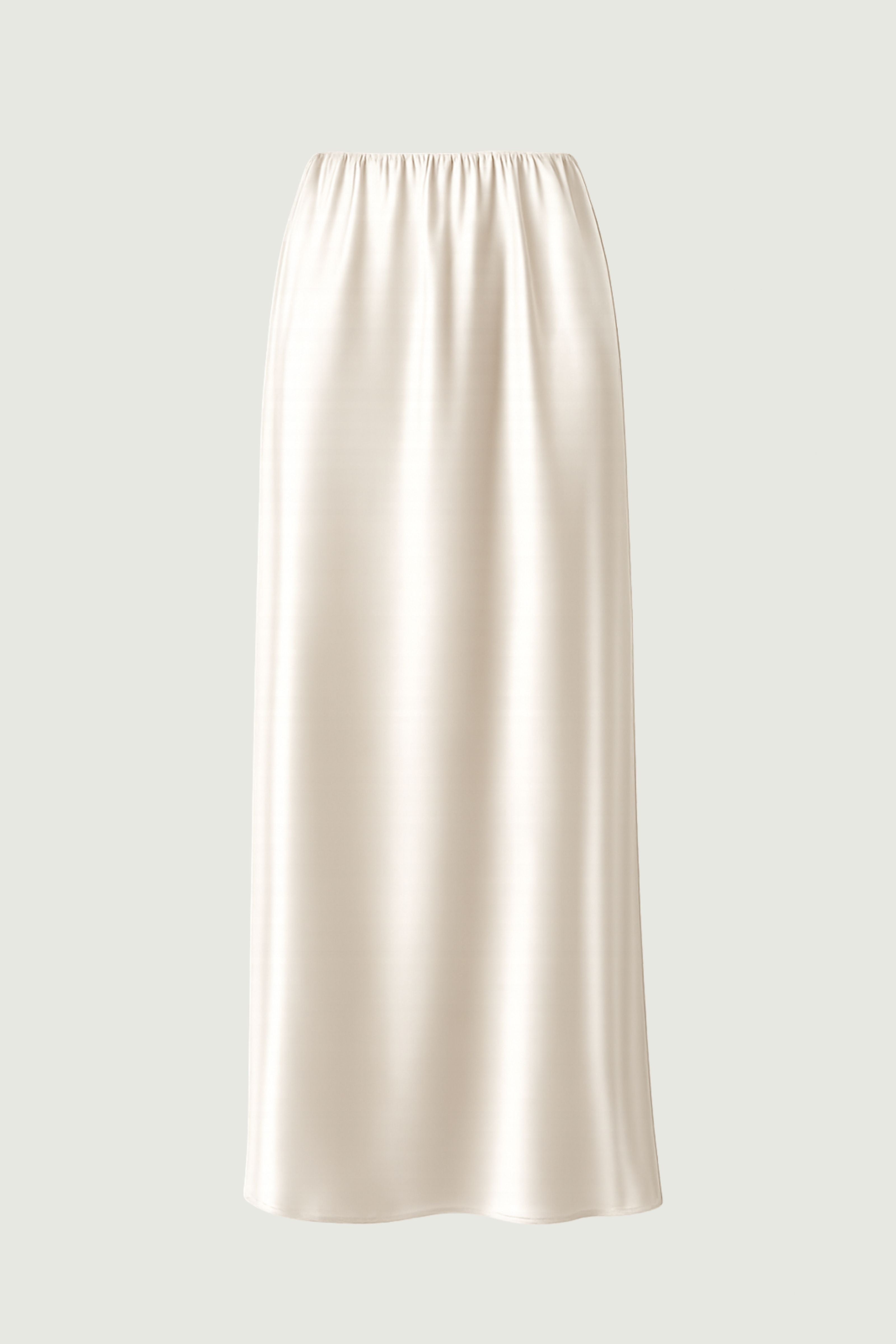 Nilde maxi skirt in Almond organic silk satin, front view