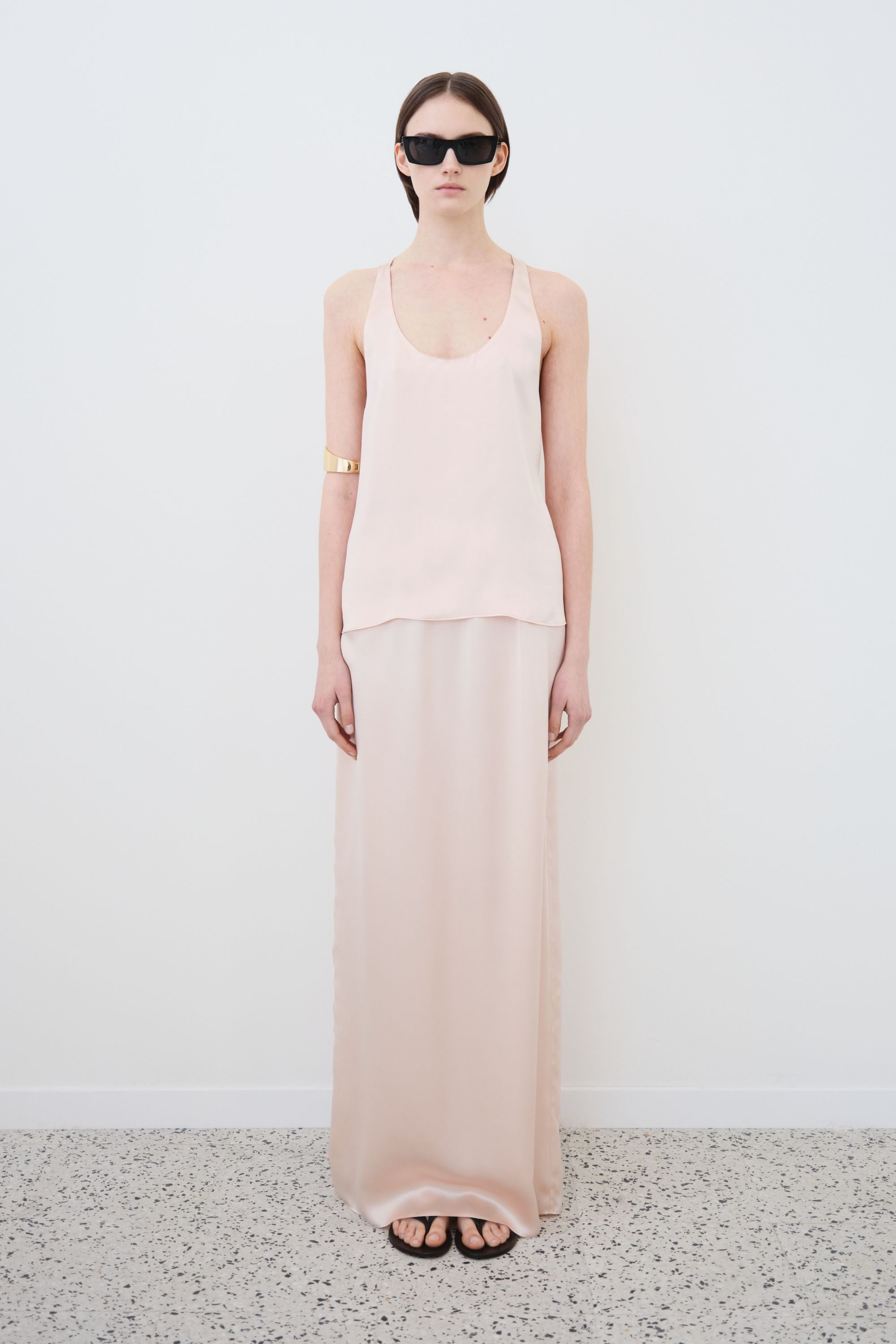 Model wearing organic silk maxi skirt in whisper pink, Nilde skirt made in Italy, front view