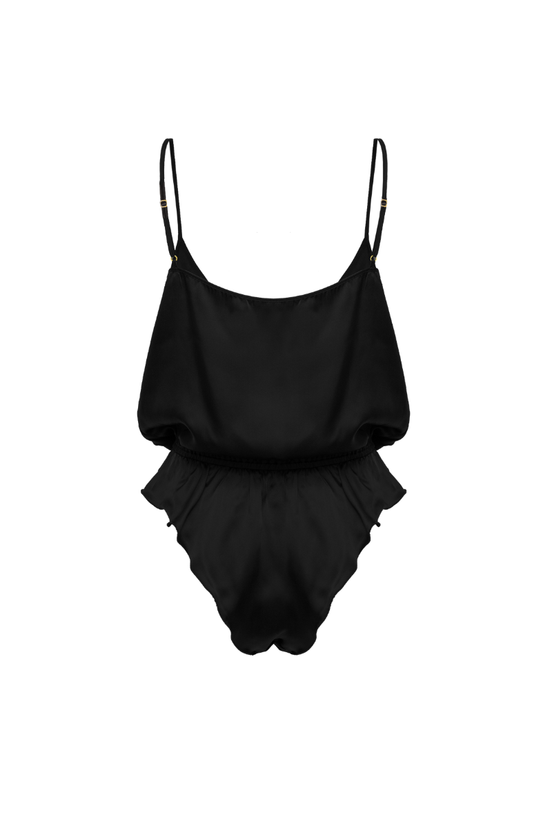 Back view of Nyx black organic silk bodysuit — sleek womenswear, elegant silk undershirt by HERTH.