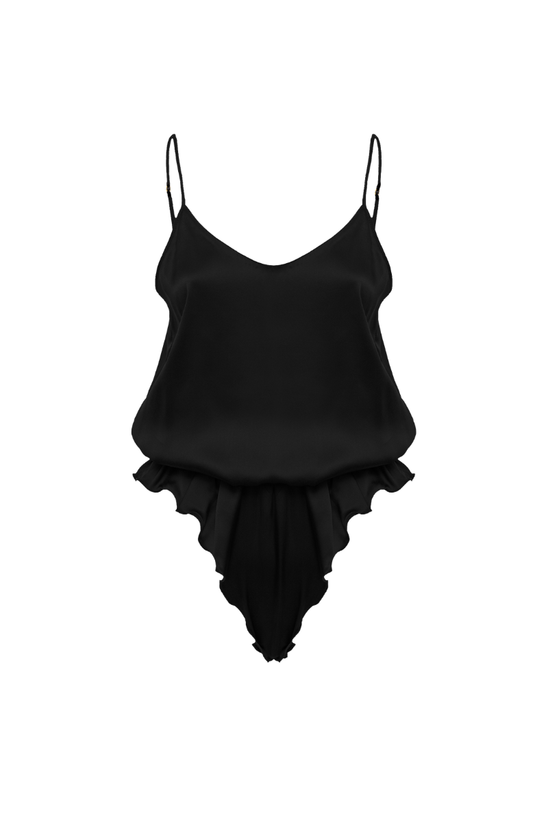 Front view of Nyx black organic silk bodysuit — minimal womenswear, elegant silk layering piece by HERTH.