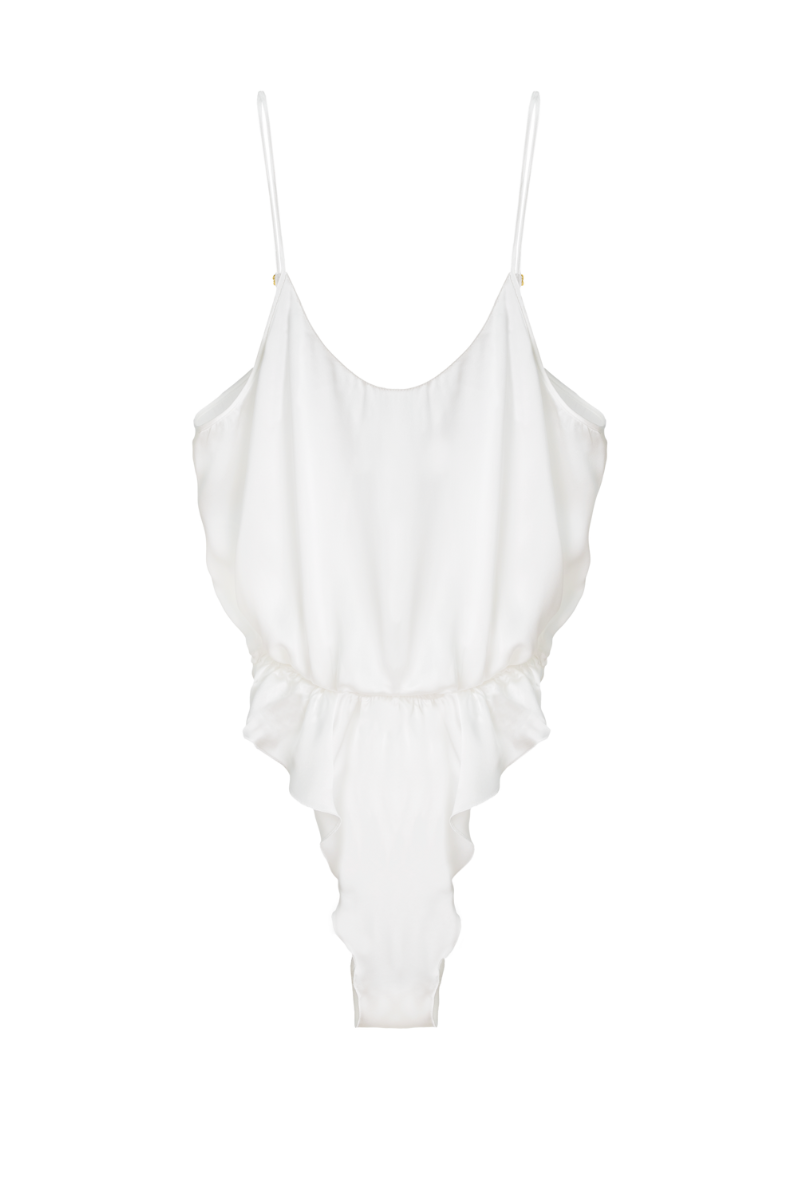 Front view of Nyx ivory organic silk bodysuit — minimal womenswear, perfect as a silk undershirt by HERTH