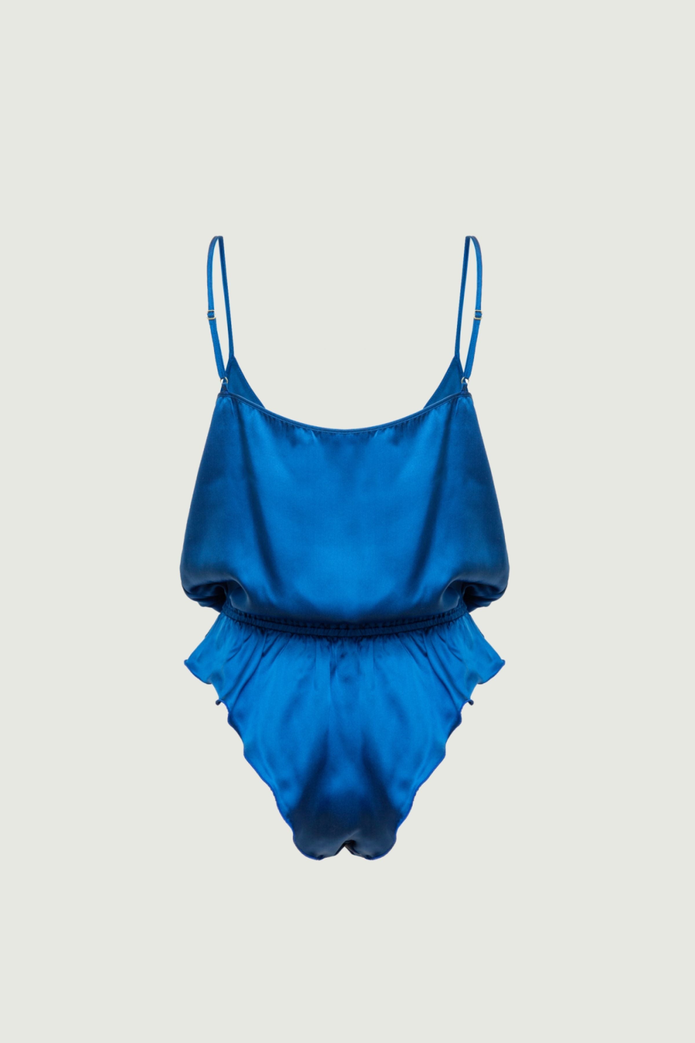 Nyx bodysuit in azuline organic silk back view with thin straps and subtle ruffled finish, fluid womenswear made in Italy