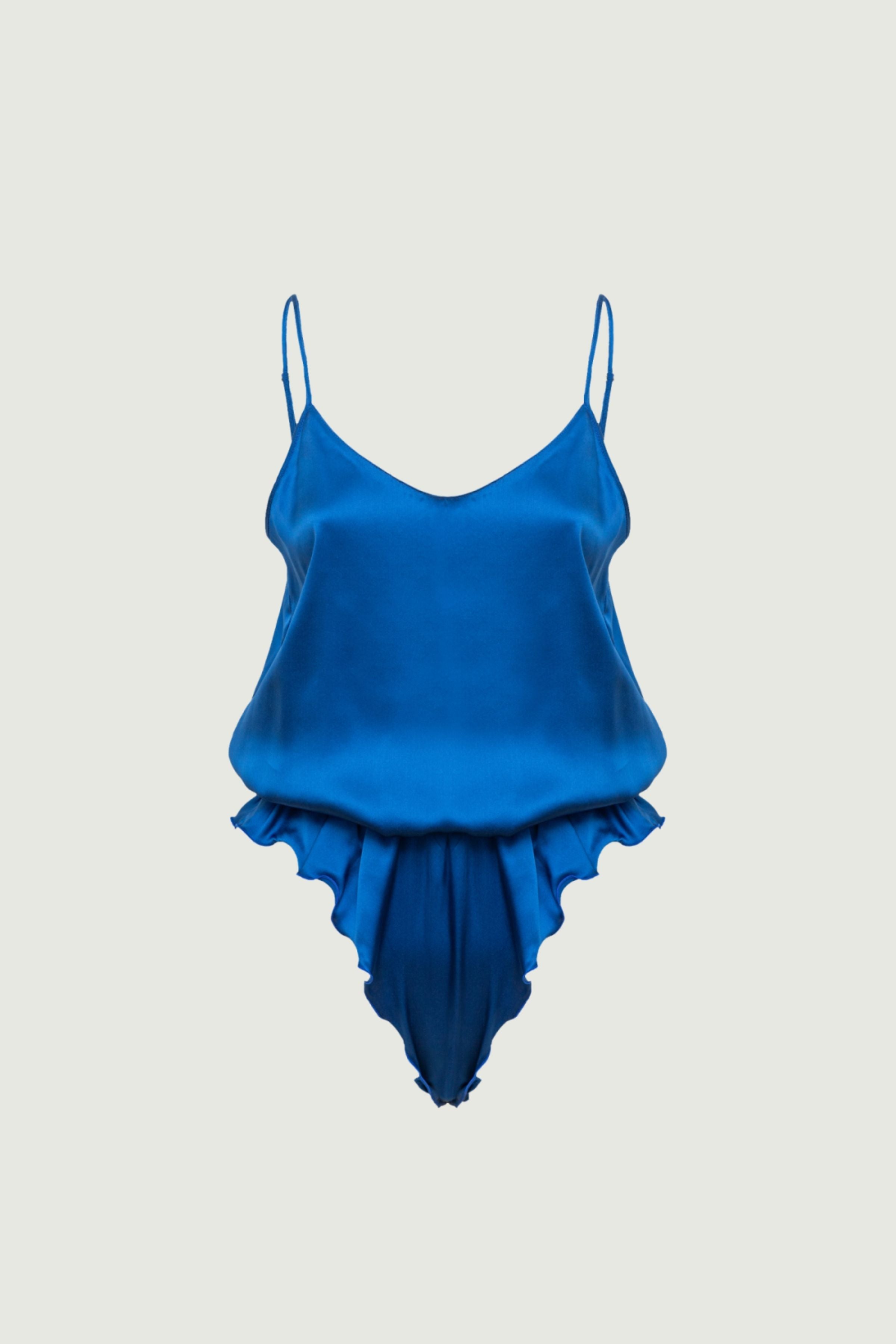 Nyx bodysuit in azuline organic silk with soft neckline and gently gathered silhouette, lightweight womenswear made in Italy