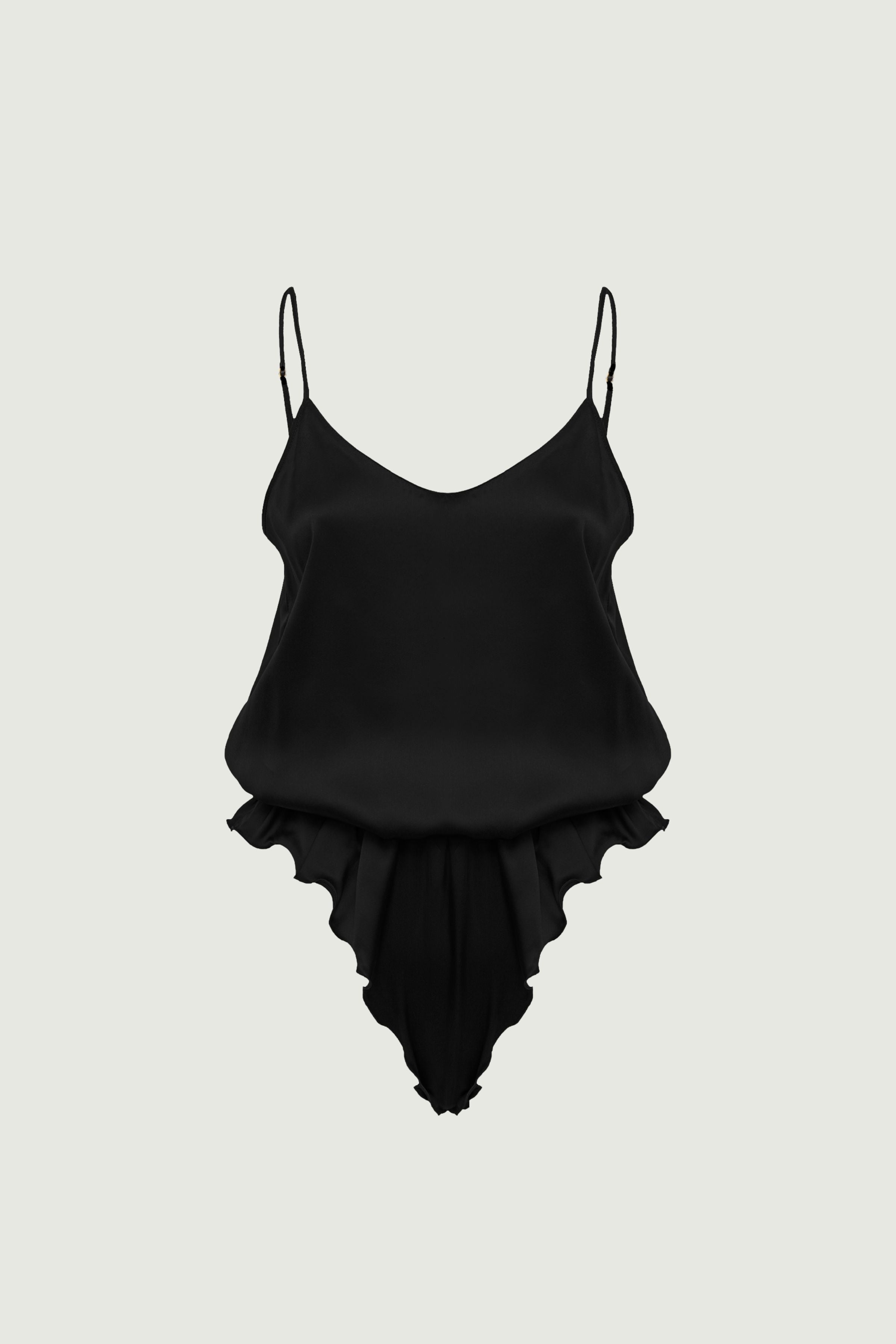 Nyx bodysuit in black organic silk with soft neckline and fluid silhouette, minimalist womenswear made in Italy