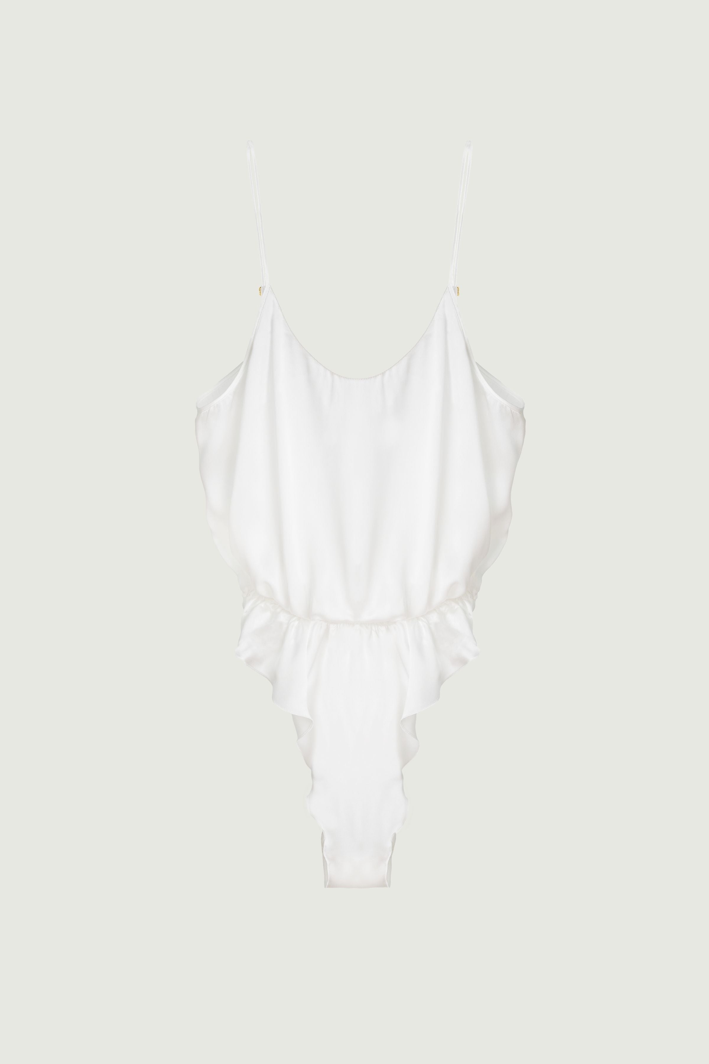 Nyx bodysuit in ivory organic silk with soft neckline and airy fluid silhouette, lightweight womenswear made in Italy