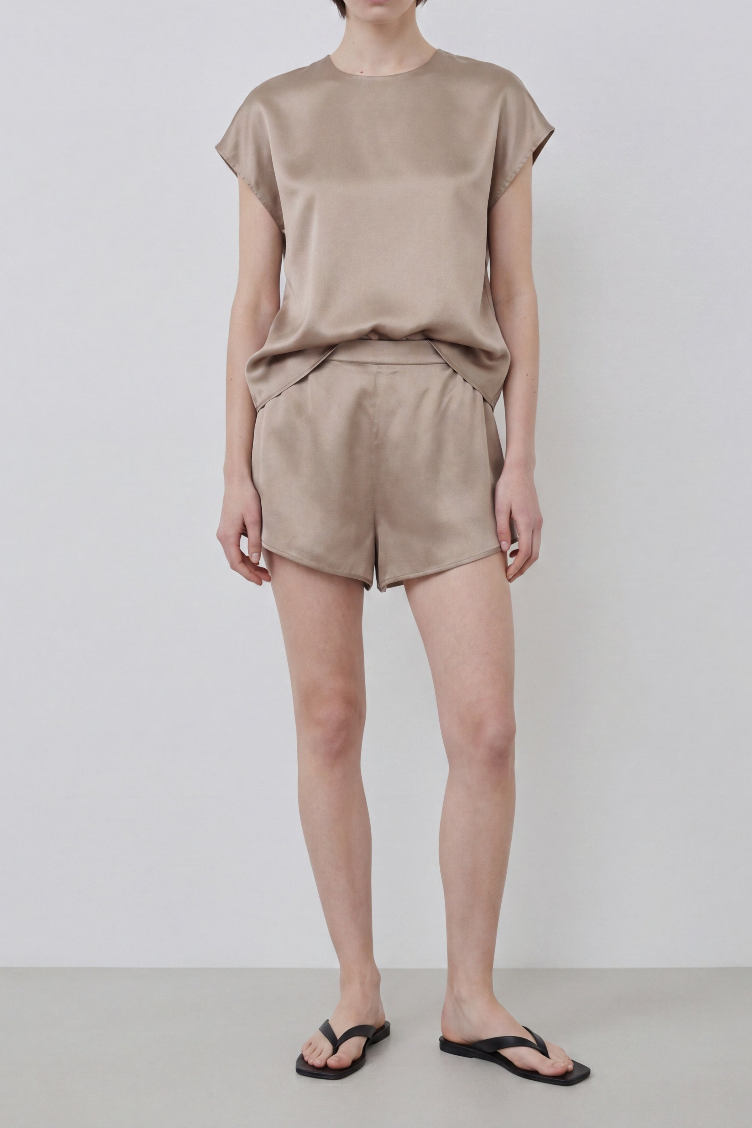 Organic silk outfit with gold sand short sleeve top and matching shorts, made in Italy