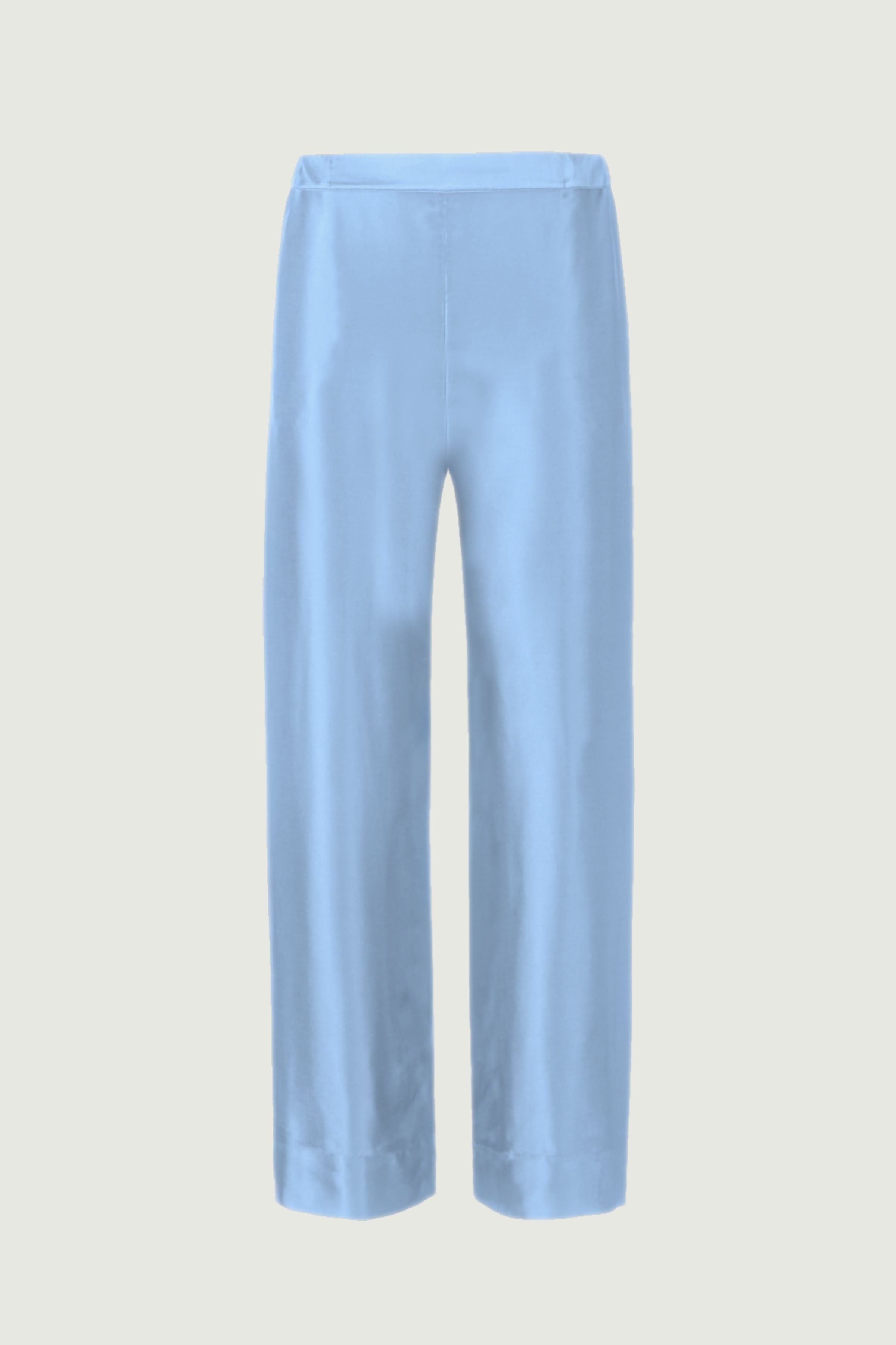 Sky blue organic silk Zeno trousers by HERTH, wide-leg silhouette in smooth habotai silk, made in Italy, still life view
