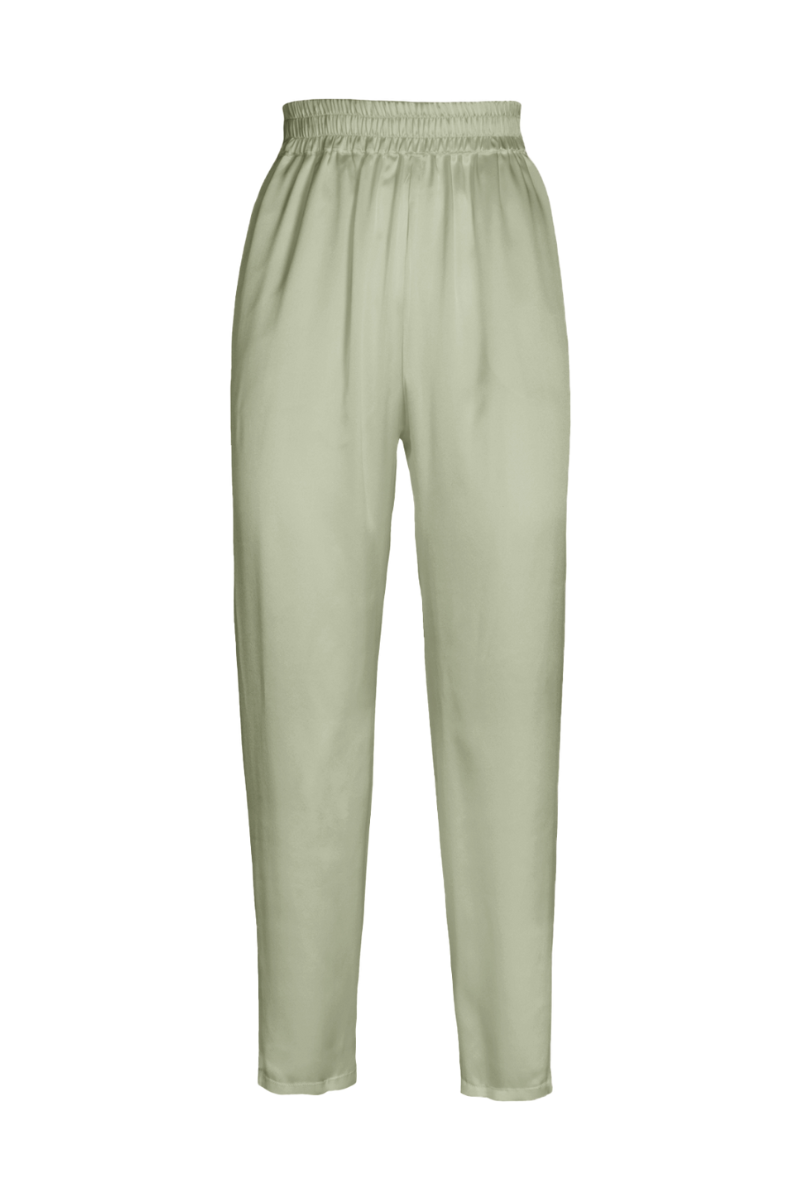 Roy trousers in Green Tea — tailored wide-leg pants crafted from GOTS-certified organic silk by HERTH, designed for modern minimal sustainable womenswear.
