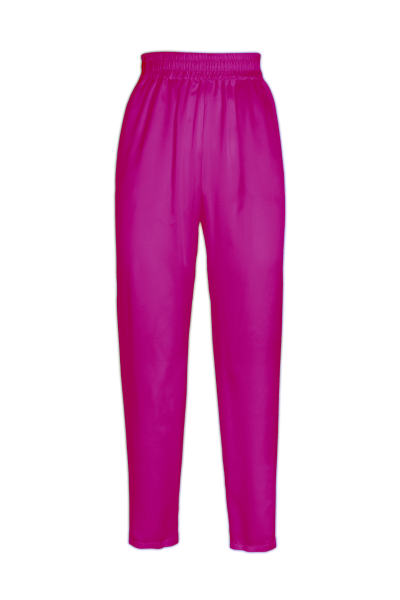 Roy trousers in hot pink organic silk — tailored, sustainable statement pants by HERTH for a bold and elegant womenswear look.