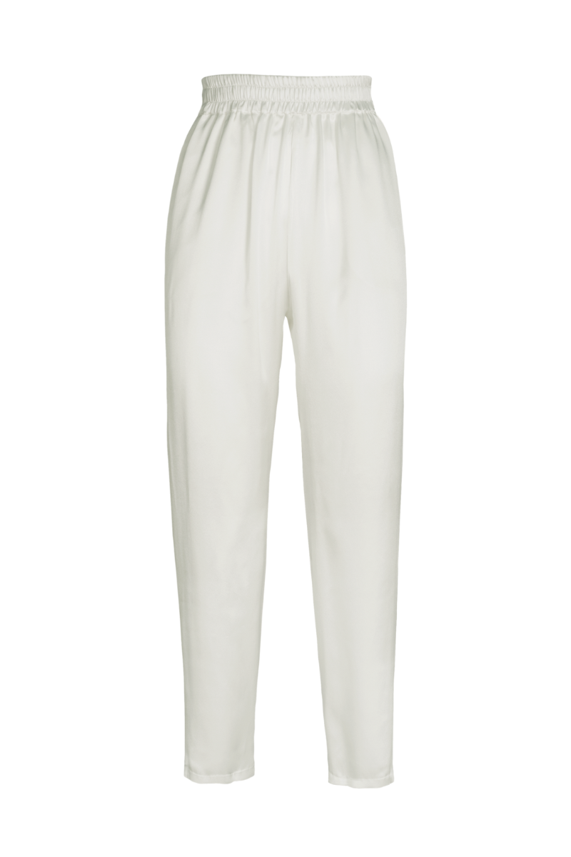 Roy trousers in ivory organic silk — tailored wide-leg silhouette crafted from GOTS-certified silk by HERTH for elevated minimal womenswear.