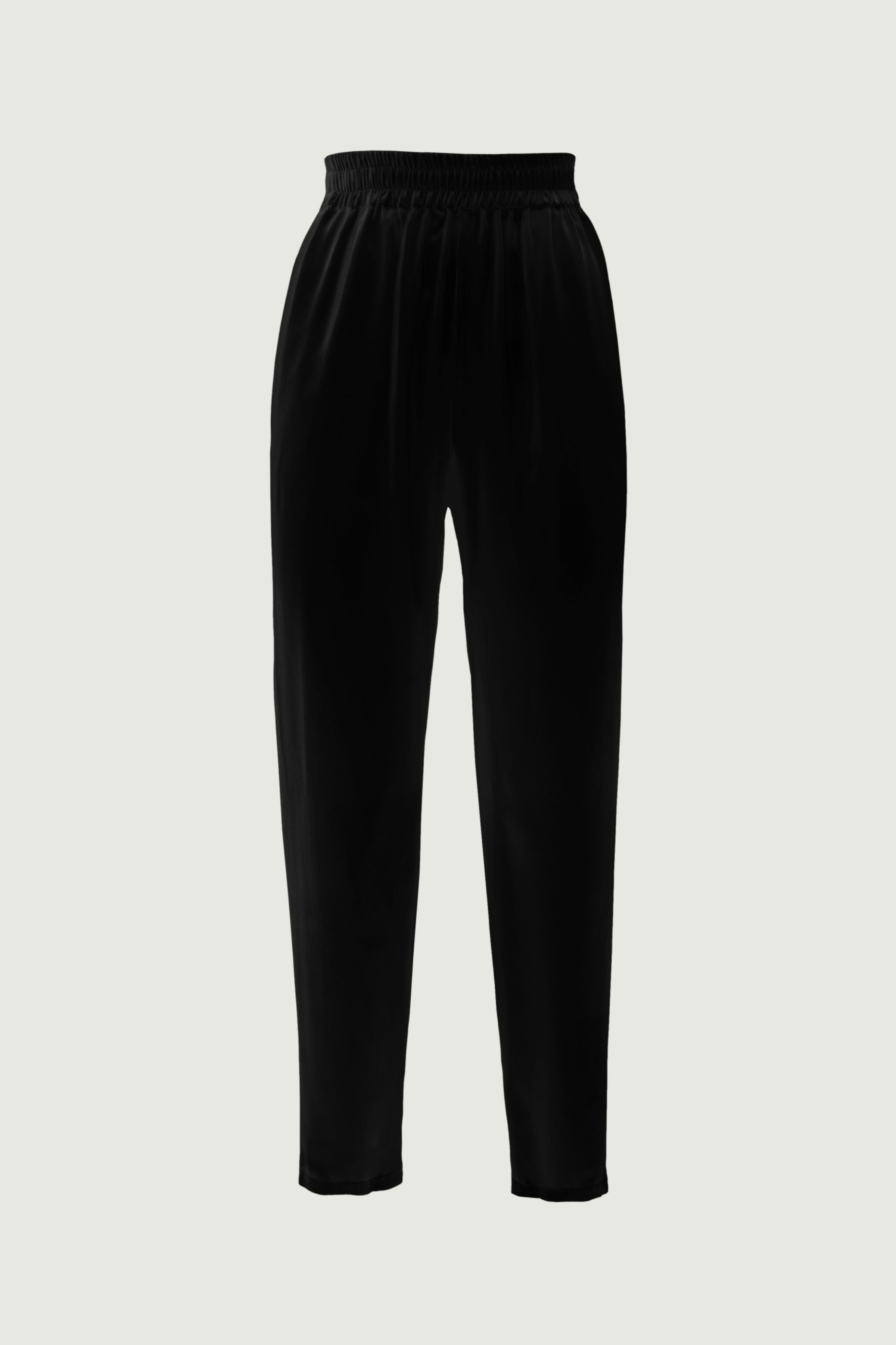Black organic silk high-waist tapered trousers with elastic waistband and soft drape, minimalist design, front view, made in Italy