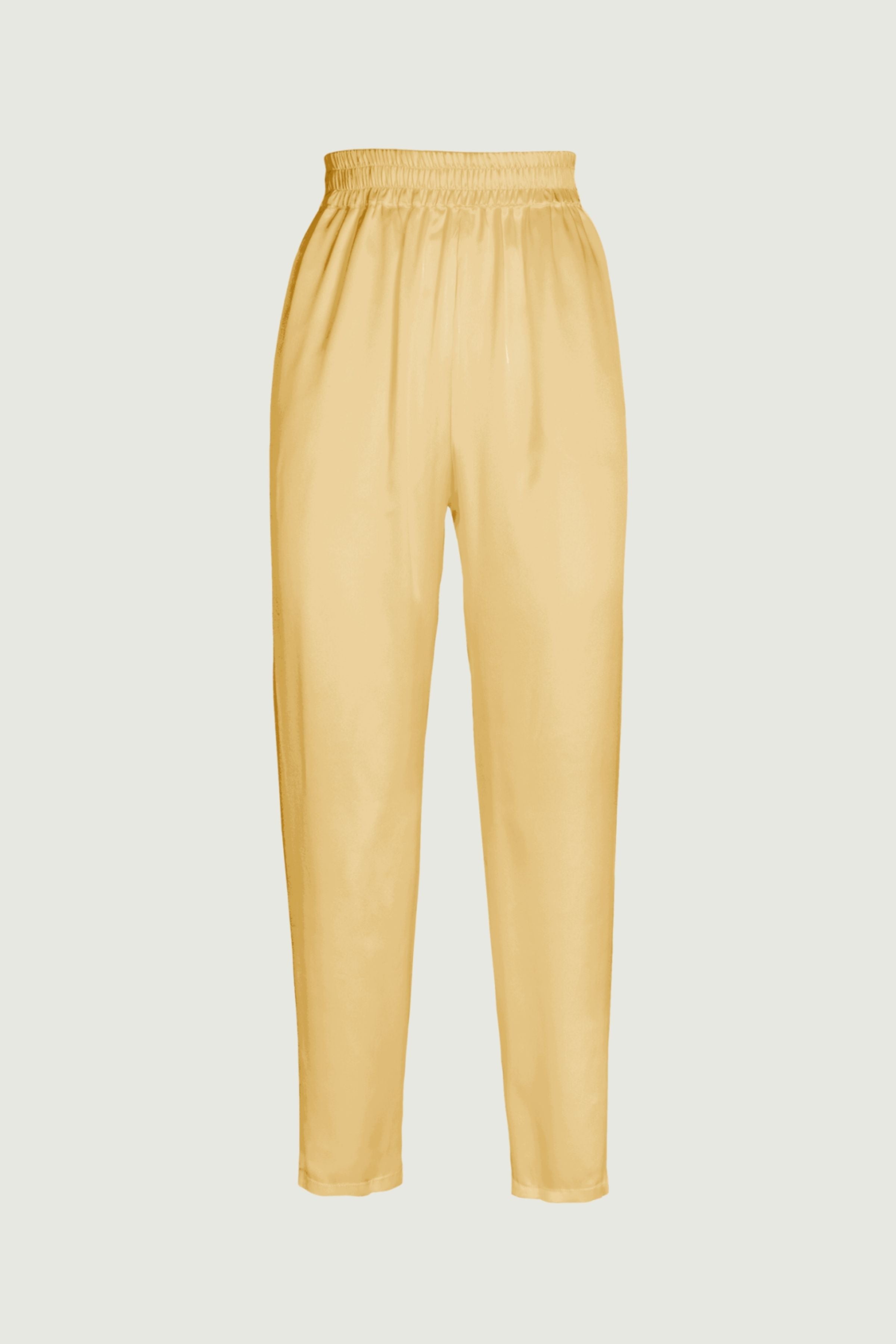 Desert organic silk high-waist tapered trousers with elastic waistband and soft drape, minimalist design, front view, made in Italy