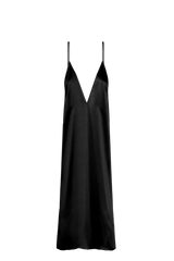 INEZ: V-NECK FRONT-BACK SLIP MAXI DRESS IN GOTS ORGANIC BLACK SILK