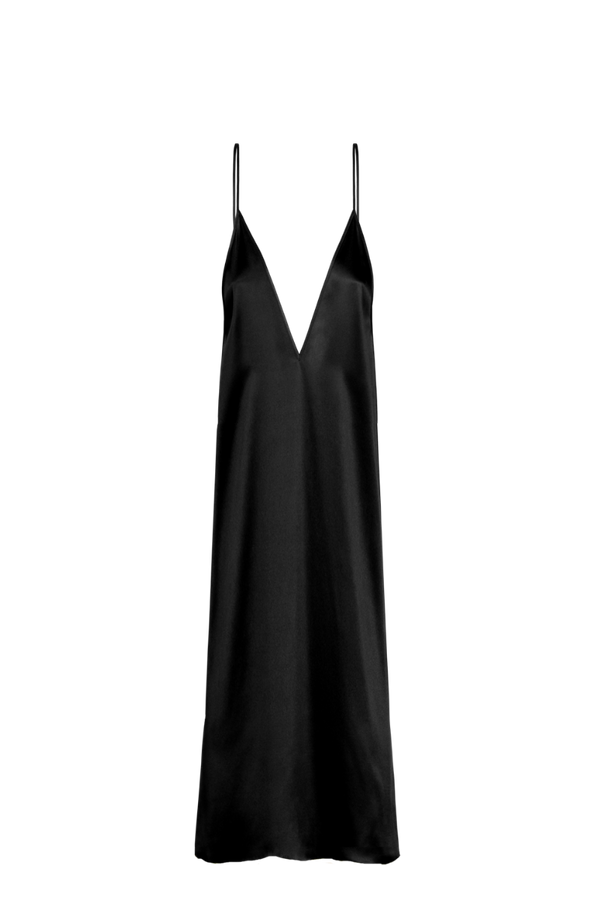 INEZ: V-NECK FRONT-BACK SLIP MAXI DRESS IN GOTS ORGANIC BLACK SILK