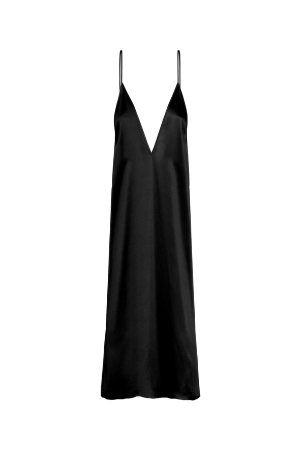 INEZ: V-NECK FRONT-BACK SLIP MAXI DRESS IN GOTS ORGANIC BLACK SILK