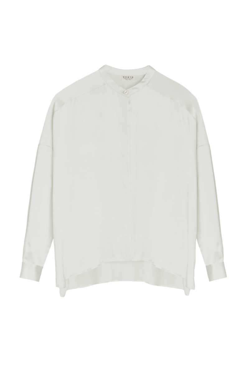 Tess ivory organic silk relaxed fit shirt with long sleeves and Korean collar — sustainable womenswear by HERTH.