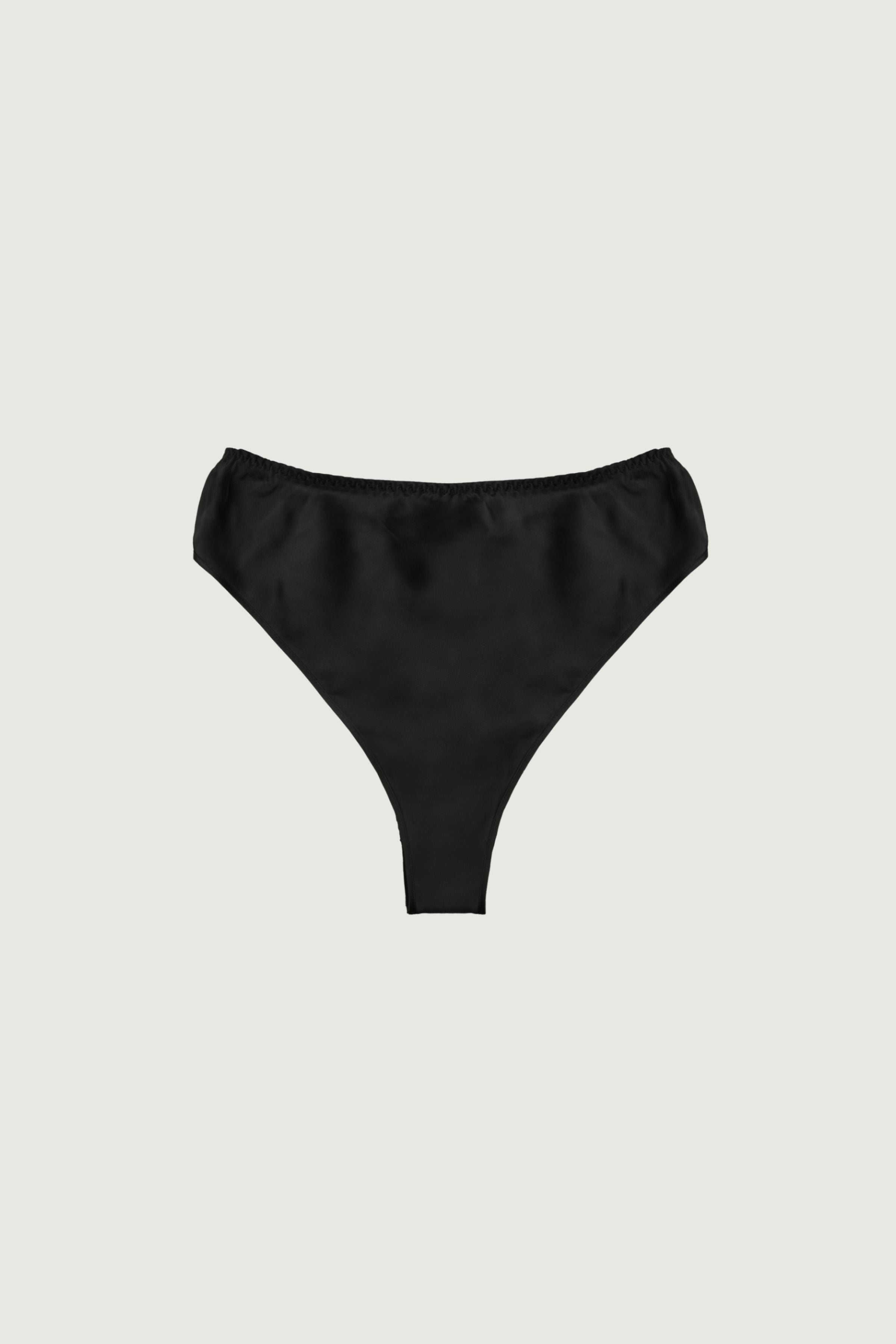 Black silk high-rise panty with smooth finish, front view highlighting sculpted silhouette and clean edges