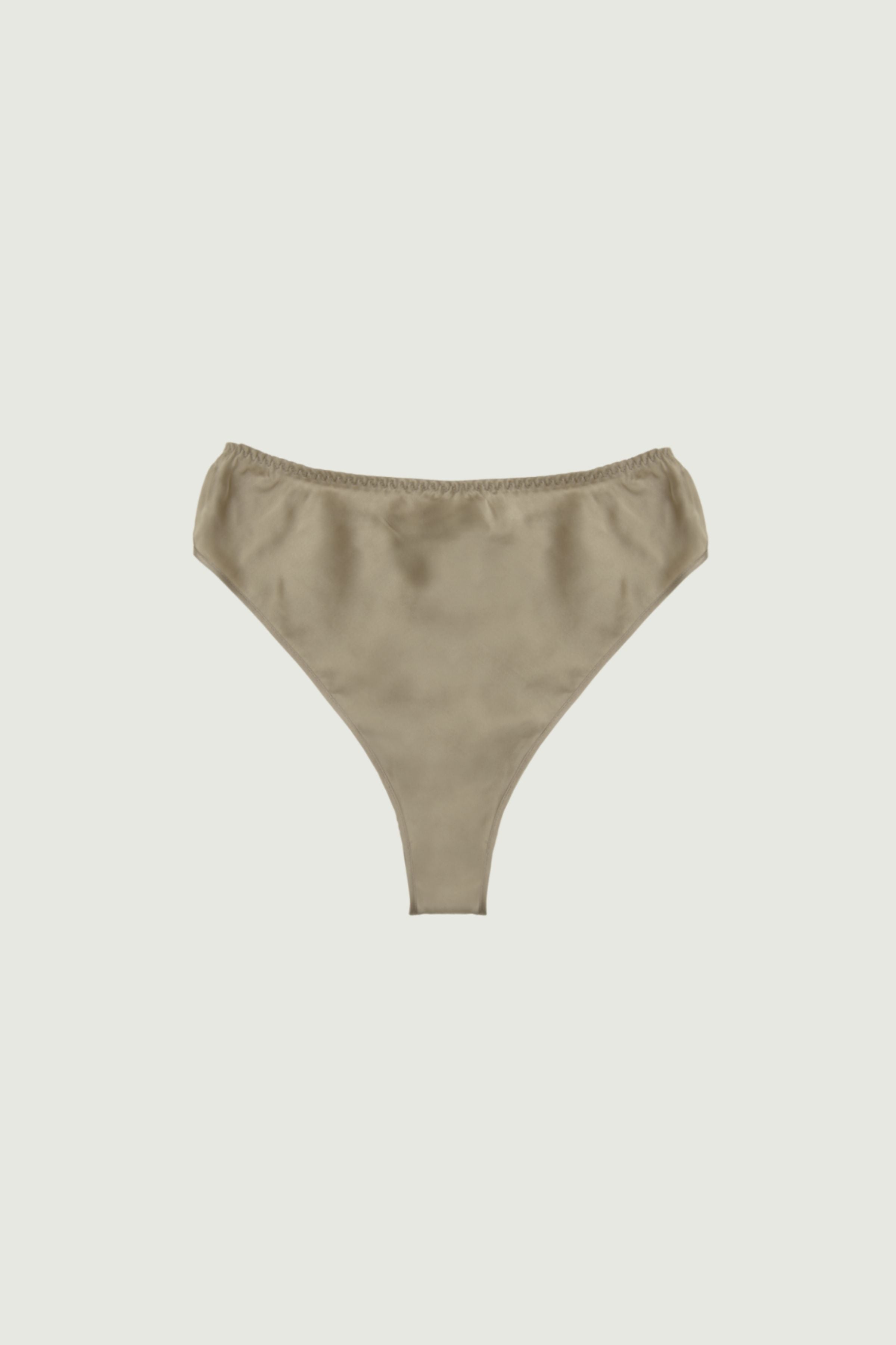 Gold sand silk high-rise panty with full coverage, front view highlighting luminous neutral tone and smooth contoured silhouette
