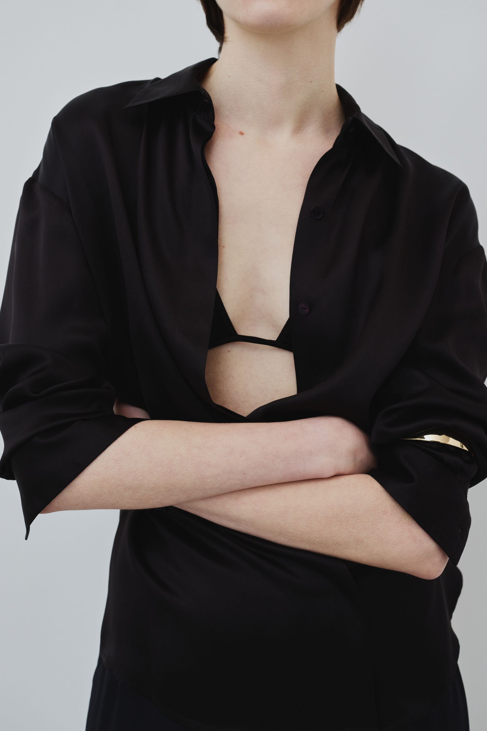 Organic silk black shirt and triangle bra set made in Italy, Tilde shirt paired with Keri bra