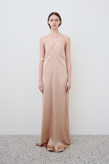 INEZ: V-NECK FRONT-BACK SLIP MAXI DRESS IN ORGANIC SILK | PRE-ORDER