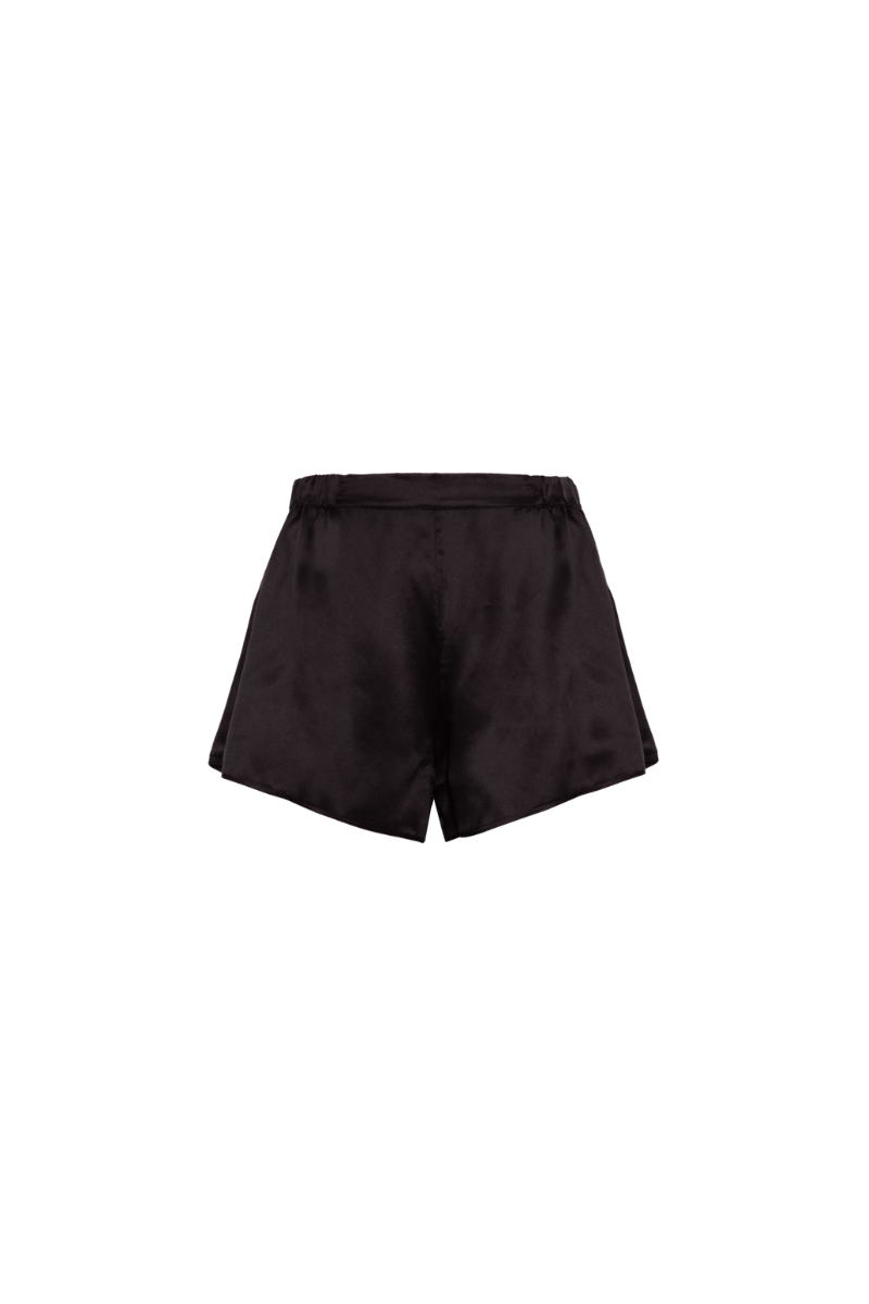 Yari black organic silk shorts — minimalist elegant womenswear essential by HERTH, crafted in Italy.