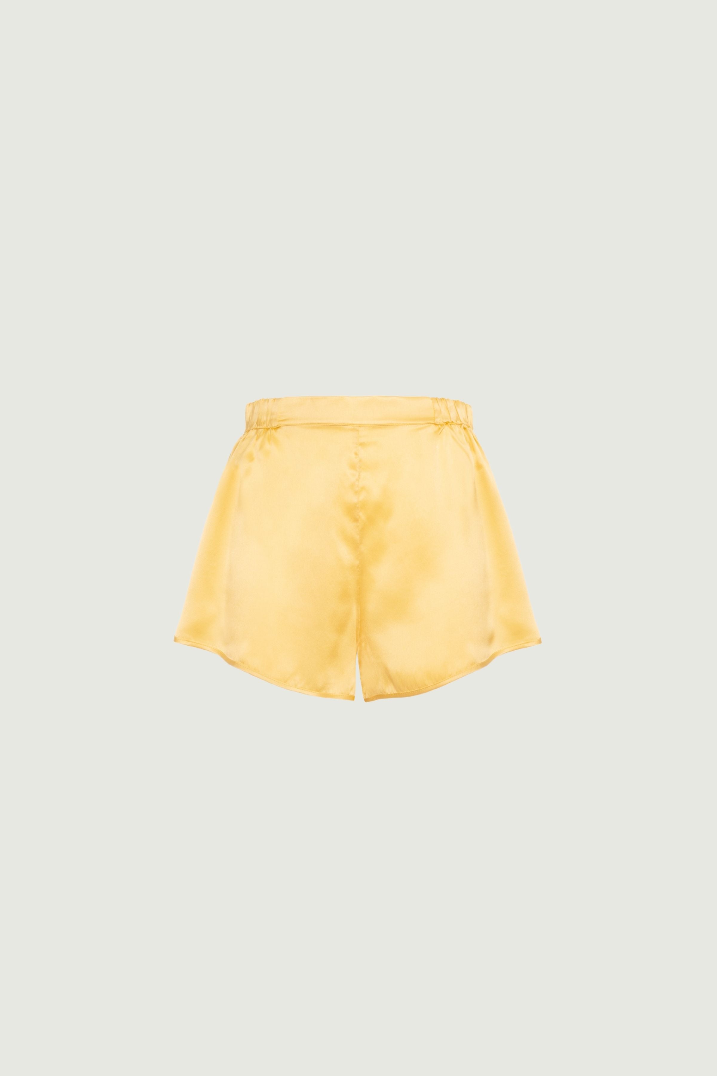 Desert organic silk shorts with elastic waistband and easy fit, soft drape and clean silhouette, front view