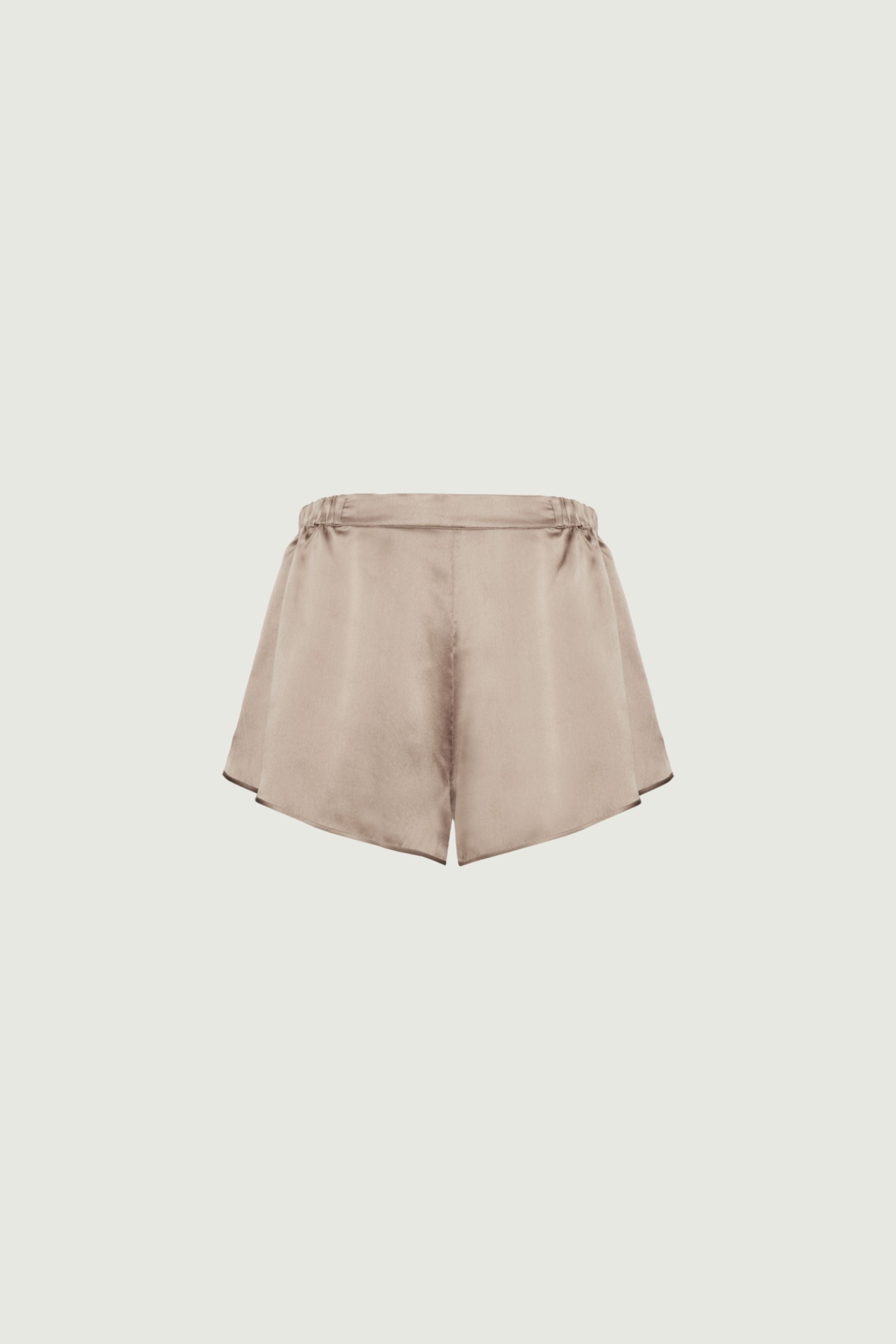 Gold sand organic silk shorts with elastic waistband and relaxed silhouette, fluid texture and soft movement, front view