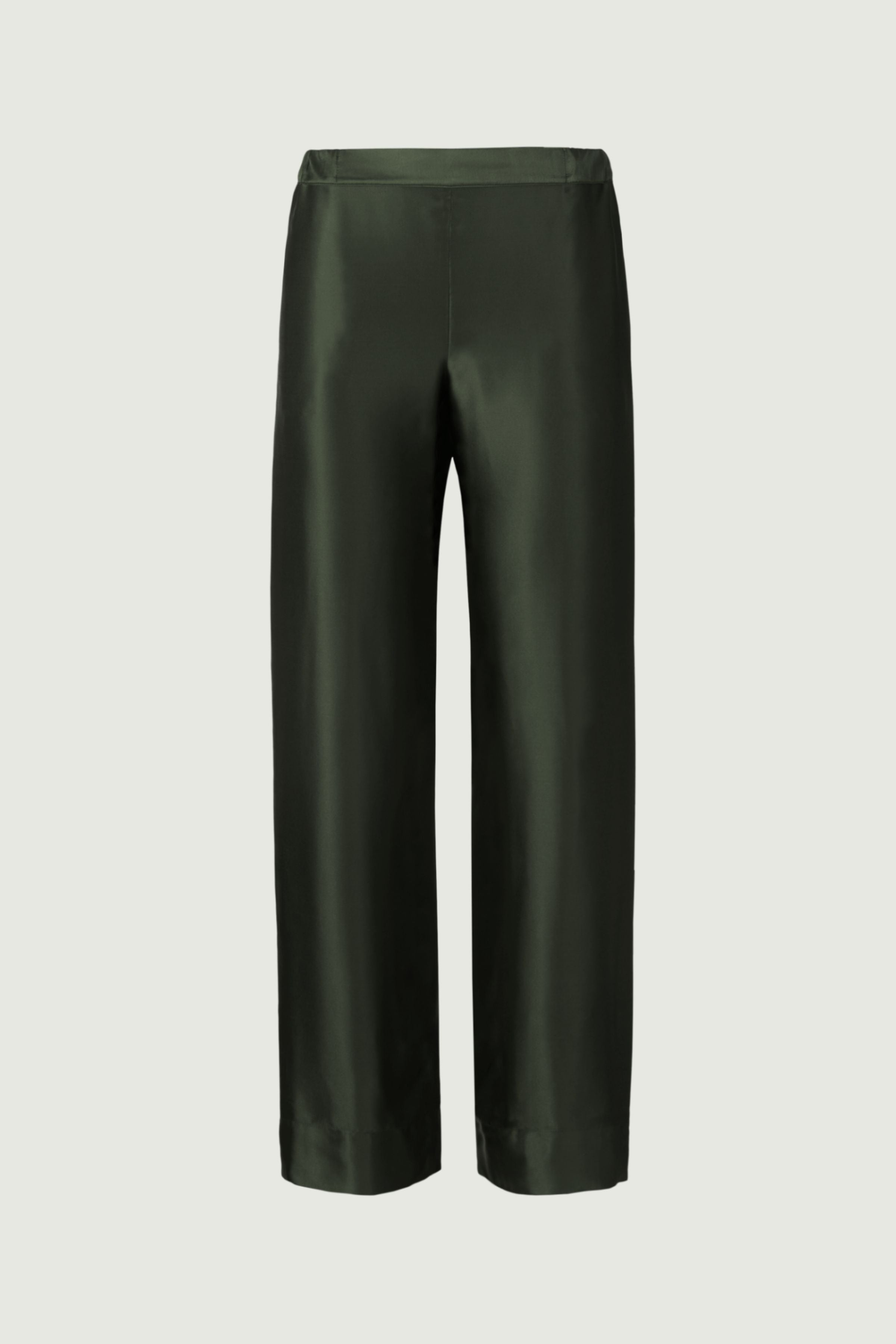 Deep green organic silk wide-leg trousers with fluid drape and clean waistband, relaxed minimalist design, front view, made in Italy