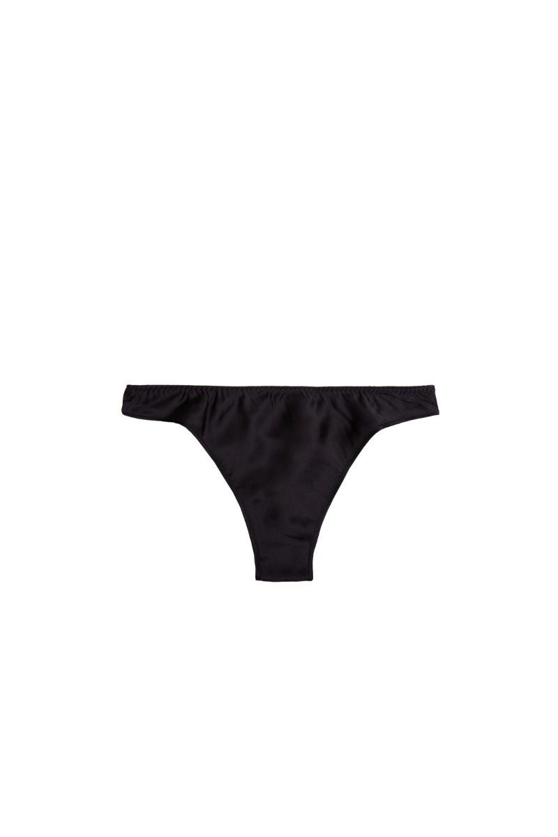 Zoe low rise panty in black organic silk — elegant and minimal sustainable lingerie piece by HERTH, crafted with GOTS-certified silk.