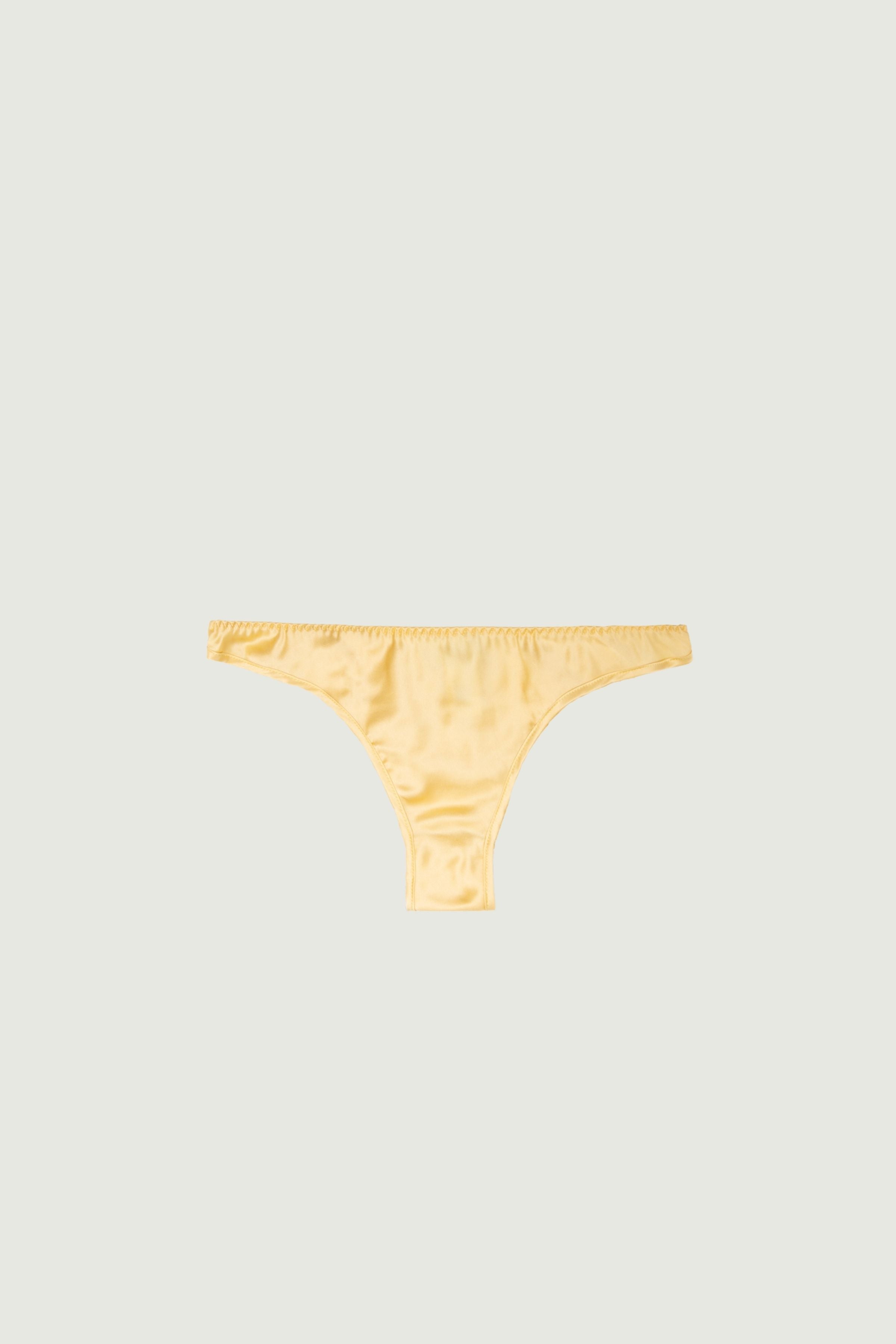 Desert tone silk low-rise panty with minimal coverage, front view highlighting low-rise fit and warm earthy hue